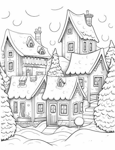 czarno-biały rysunek domu w śniegu generatywny ai