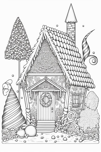 Czarno-biały rysunek domu z choinką świąteczną