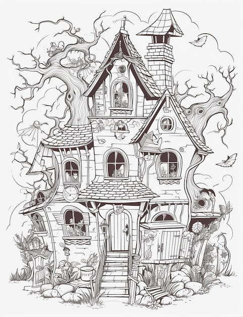 Czarno-biały rysunek domu z generatywną ai przerażającej twarzy