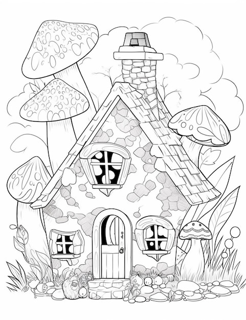 czarno-biały rysunek domu z grzybami i grzybami generatywnymi ai