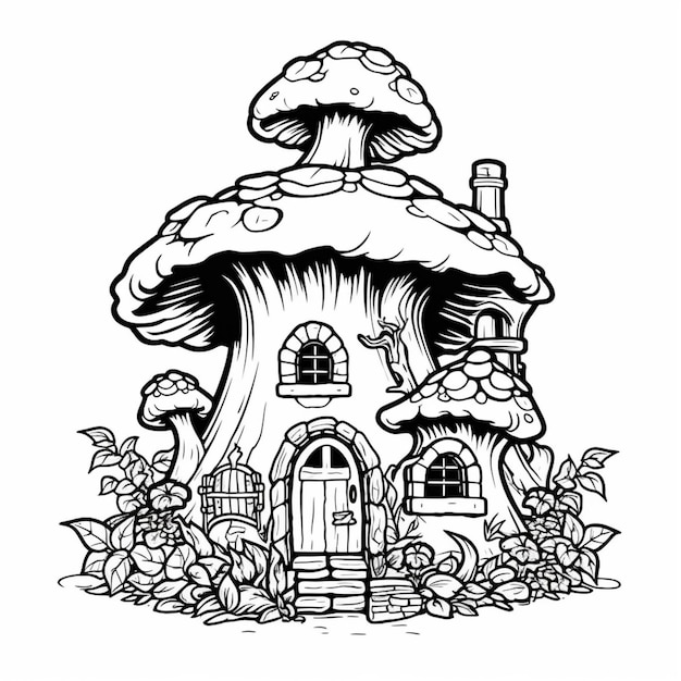 Czarno-biały rysunek domu z grzybami z drzwiami generatywnymi