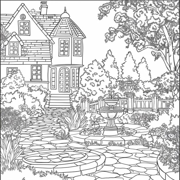 czarno-biały rysunek domu z ogrodem na tle