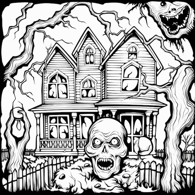 Czarno-biały rysunek domu z przerażającą twarzą