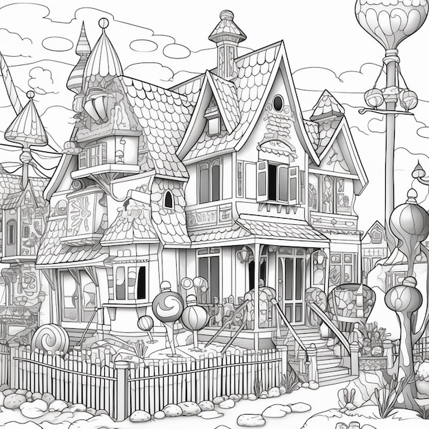 Czarno-biały rysunek domu z wieżą zegarową