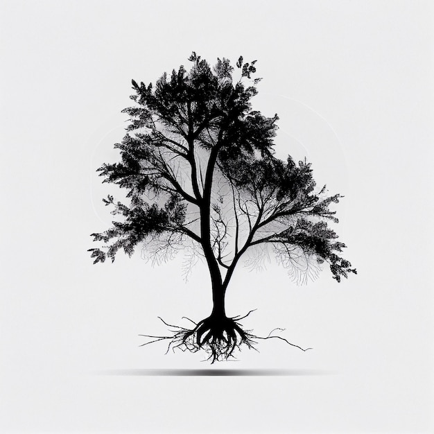 Czarno-biały rysunek drzewa z korzeniami i napisem „drzewo”.
