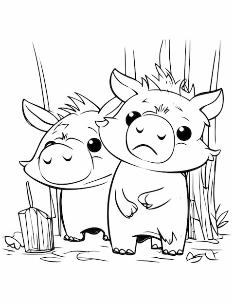 czarno-biały rysunek dwóch małych świnek uściskających generatywną ai