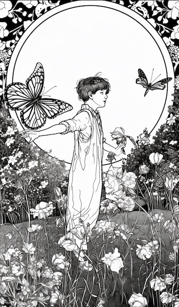czarno-biały rysunek dziewczyny na polu z generatywną sztuczną inteligencją motyla
