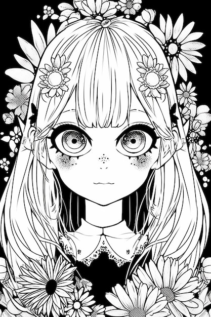 czarno-biały rysunek dziewczyny z długimi włosami i kwiatami generatywnymi ai