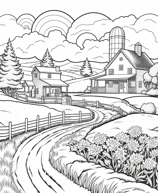 Czarno-biały rysunek farmy z drogą generatywną ai