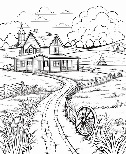 Czarno-biały rysunek farmy z wagonem generatywnym ai