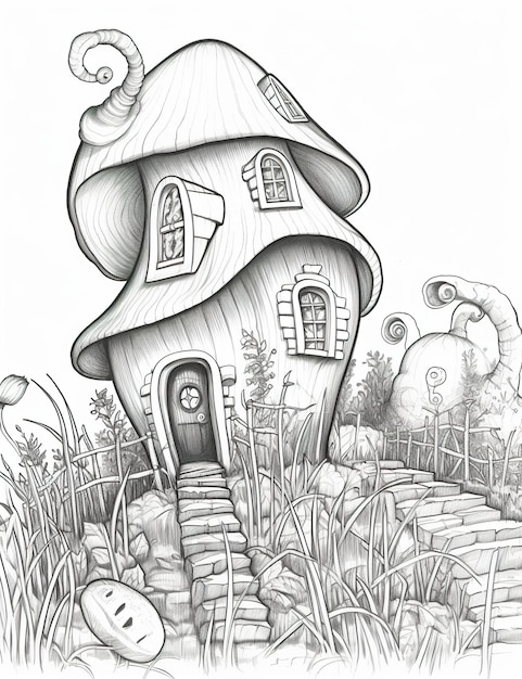 Czarno-biały rysunek generatywnego obrazu ai domu grzybów