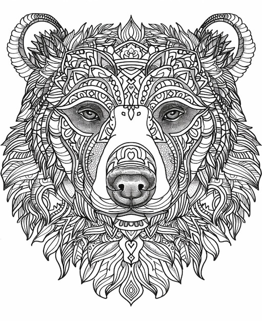 Zdjęcie czarno-biały rysunek głowy niedźwiedzia z skomplikowanymi wzorami generatywny ai