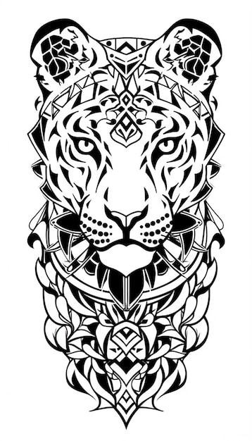 Czarno-biały rysunek głowy tygrysa z wzorem generatywnym ai