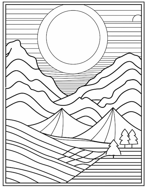 Zdjęcie czarno-biały rysunek górskiej sceny z generatywnym ai słońca