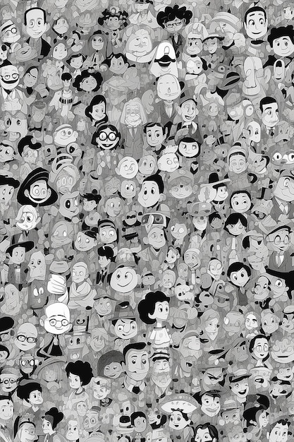 Zdjęcie czarno-biały rysunek grupy postaci z kreskówek generatywny ai