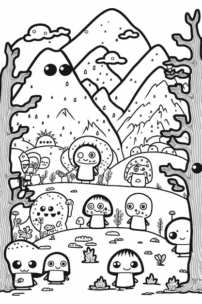 Zdjęcie czarno-biały rysunek grupy potworów w leśnej sztucznej inteligencji