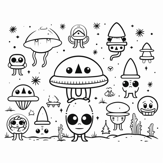 czarno-biały rysunek grzyba i innych postaci z kreskówek generatywnej AI