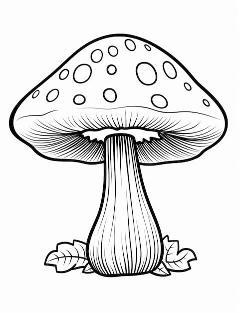 czarno-biały rysunek grzyba z liściem na ziemi generatywnej ai