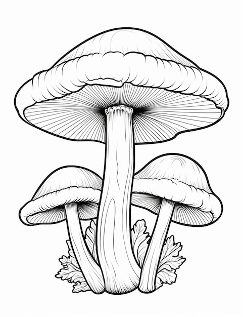 czarno-biały rysunek grzyba z liśćmi generatywnymi ai