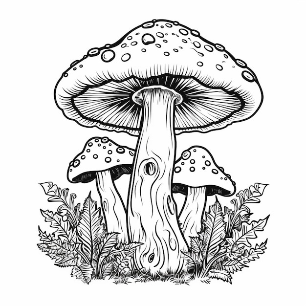 czarno-biały rysunek grzybów na białym tle generatywny ai