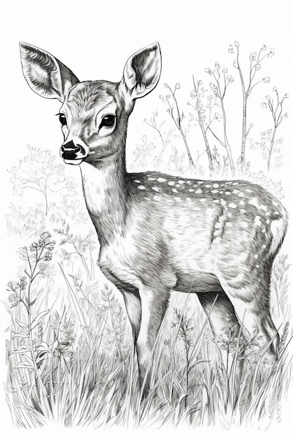 Czarno-biały rysunek jelenia na polu generatywnym ai