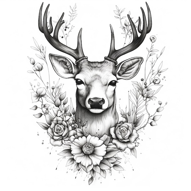 czarno-biały rysunek jelenia z kwiatami wokół niego generatywna ai