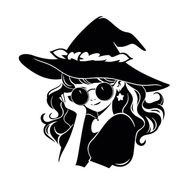 Zdjęcie czarno-biały rysunek kobiety noszącej kapelusz czarownicy