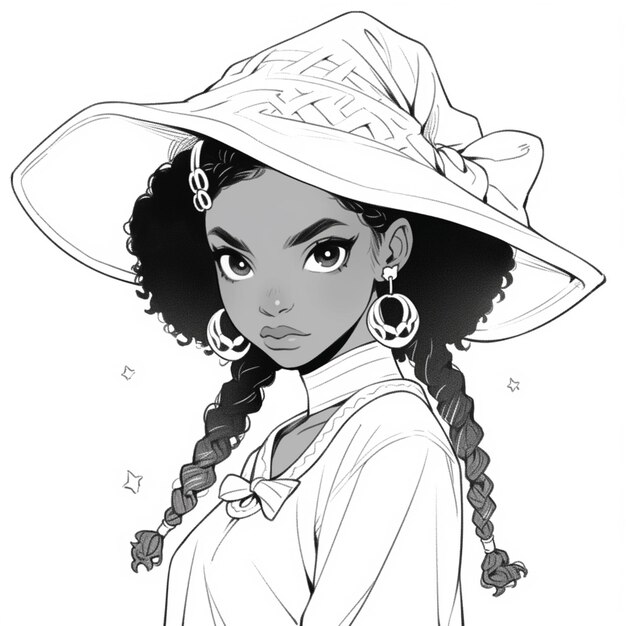 Zdjęcie czarno-biały rysunek kobiety w kapeluszu generatywny ai