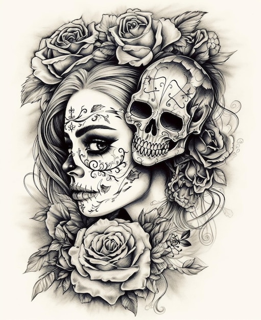 Czarno-biały rysunek kobiety z czaszką na głowie i różami.