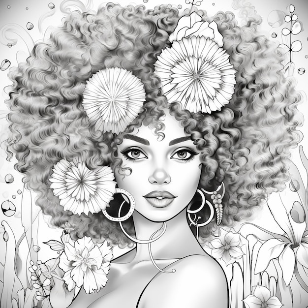czarno-biały rysunek kobiety z kwiatami we włosach generatywnej ai