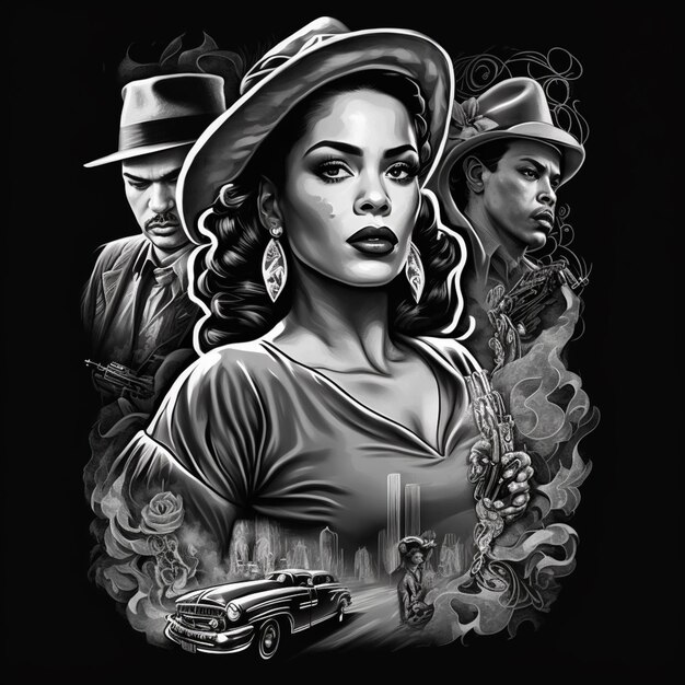 Zdjęcie czarno-biały rysunek kobiety z pistoletem i mężczyzny w kapeluszu generatywny ai