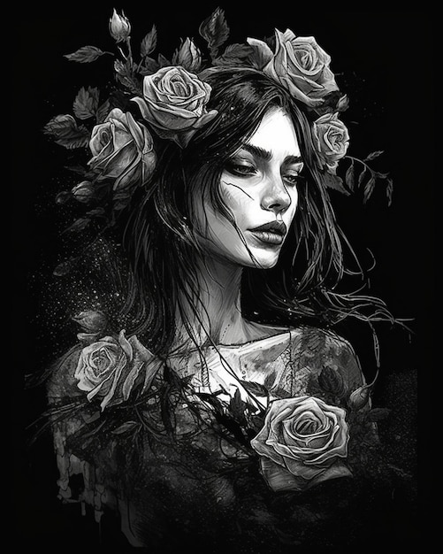 Czarno-biały rysunek kobiety z różami na głowie.