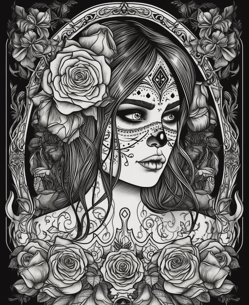 Czarno-biały rysunek kobiety z różami na twarzy.