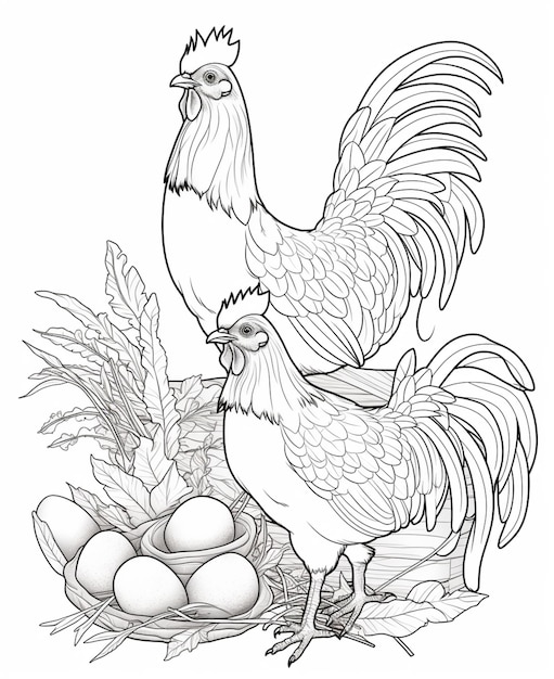 Czarno-biały rysunek koguta i kurczaka z jajkami