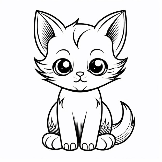 Czarno-biały rysunek kota z dużymi oczami