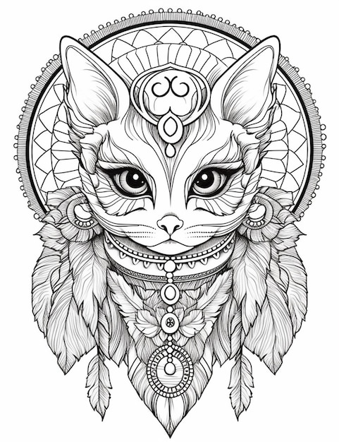 Czarno-biały rysunek kota z medalionem na głowie