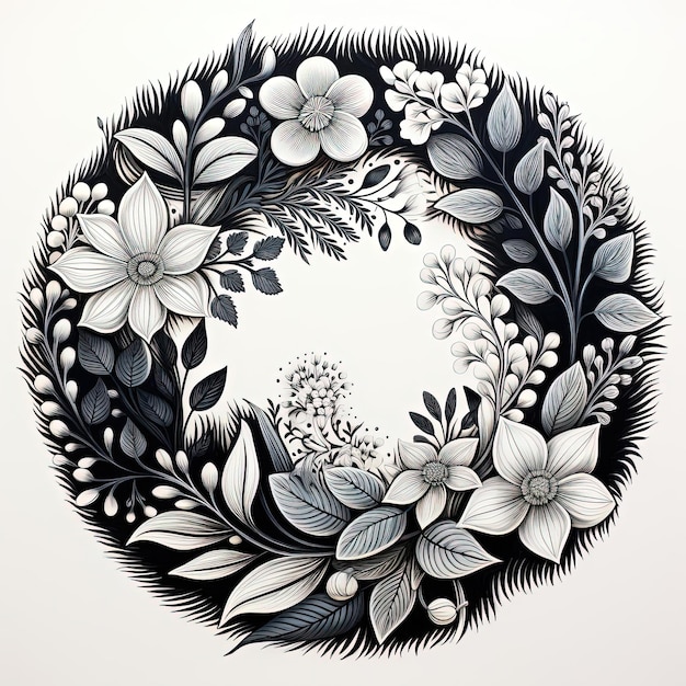 czarno-biały rysunek kręgu liści i kwiatów w stylu ręcznie narysowanych elementów