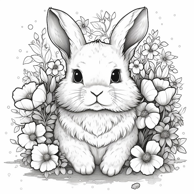 Czarno-biały rysunek królika otoczonego kwiatami