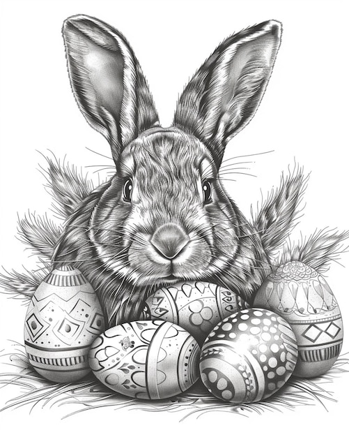 Zdjęcie czarno-biały rysunek królika z jajkami wielkanocnymi