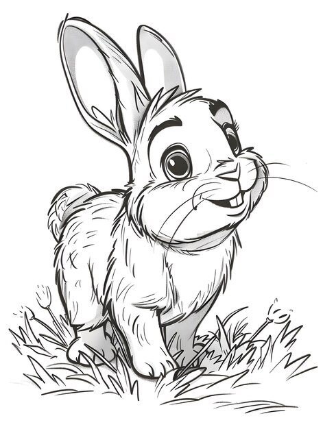 Zdjęcie czarno-biały rysunek królika z wąsami stojącego w trawie