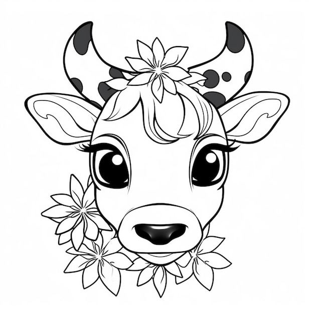 Zdjęcie czarno-biały rysunek krowy z kwiatami na głowie