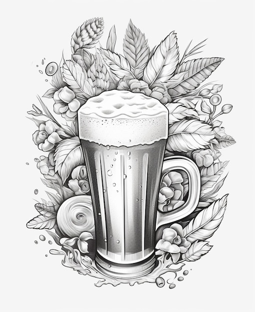 Zdjęcie czarno-biały rysunek kubka piwa z chmielem i liśćmi generatywnymi