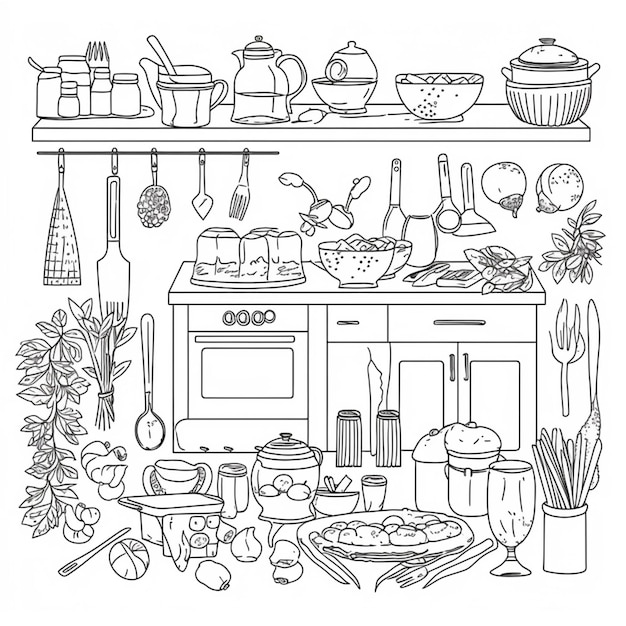 Zdjęcie czarno-biały rysunek kuchni z kuchenką i półkami generatywnymi ai