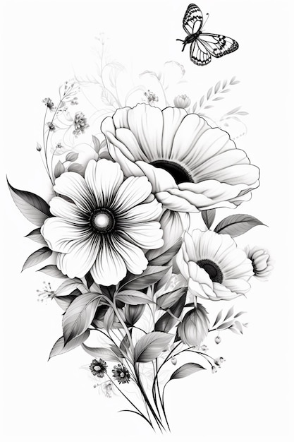 Zdjęcie czarno-biały rysunek kwiatów i generatywna ai motyla