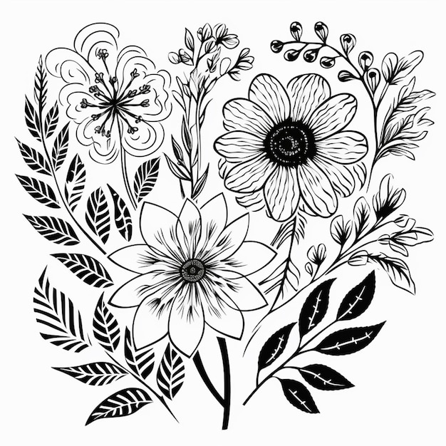 czarno-biały rysunek kwiatów i liści generatywnej ai