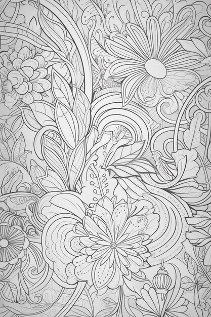 Czarno-biały rysunek kwiatów i liści.