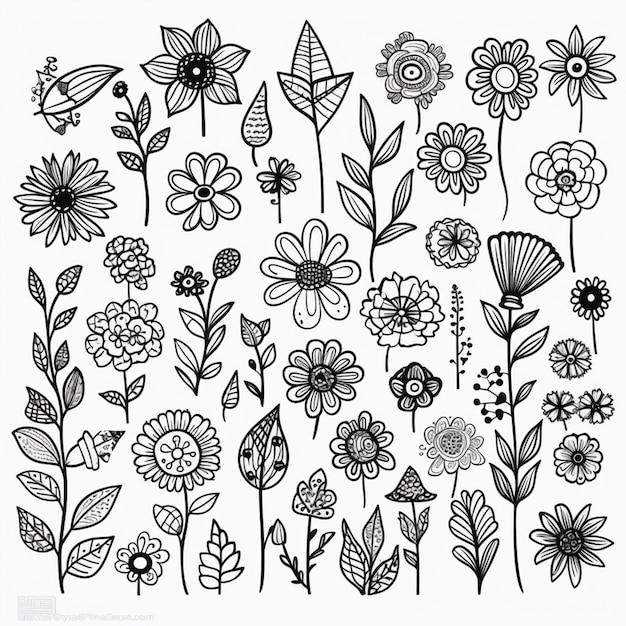 Czarno-biały rysunek kwiatów i liści