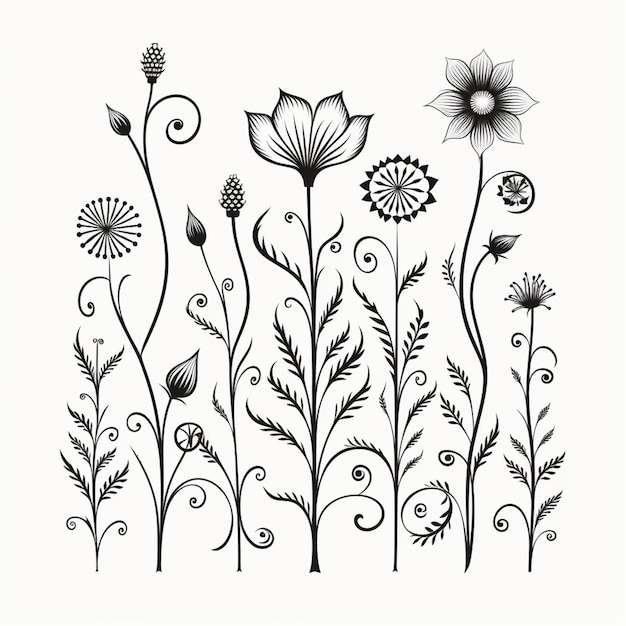 czarno-biały rysunek kwiatów i roślin z wirującymi łodygami