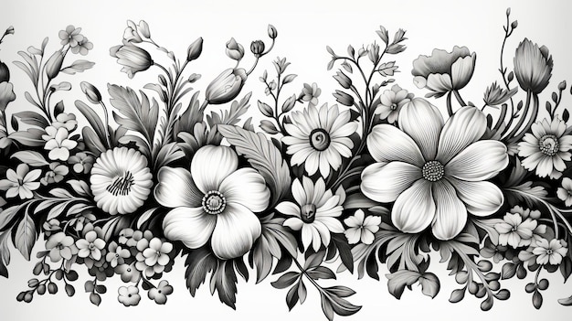 Czarno-biały rysunek kwiatów na białym tle