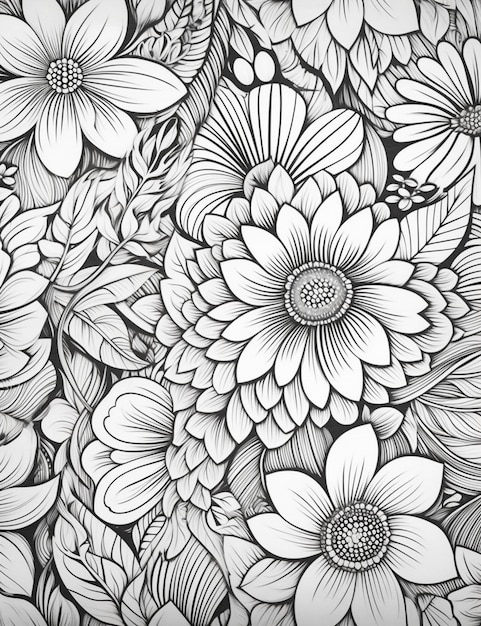 czarno-biały rysunek kwiatów z liśćmi generatywnymi ai